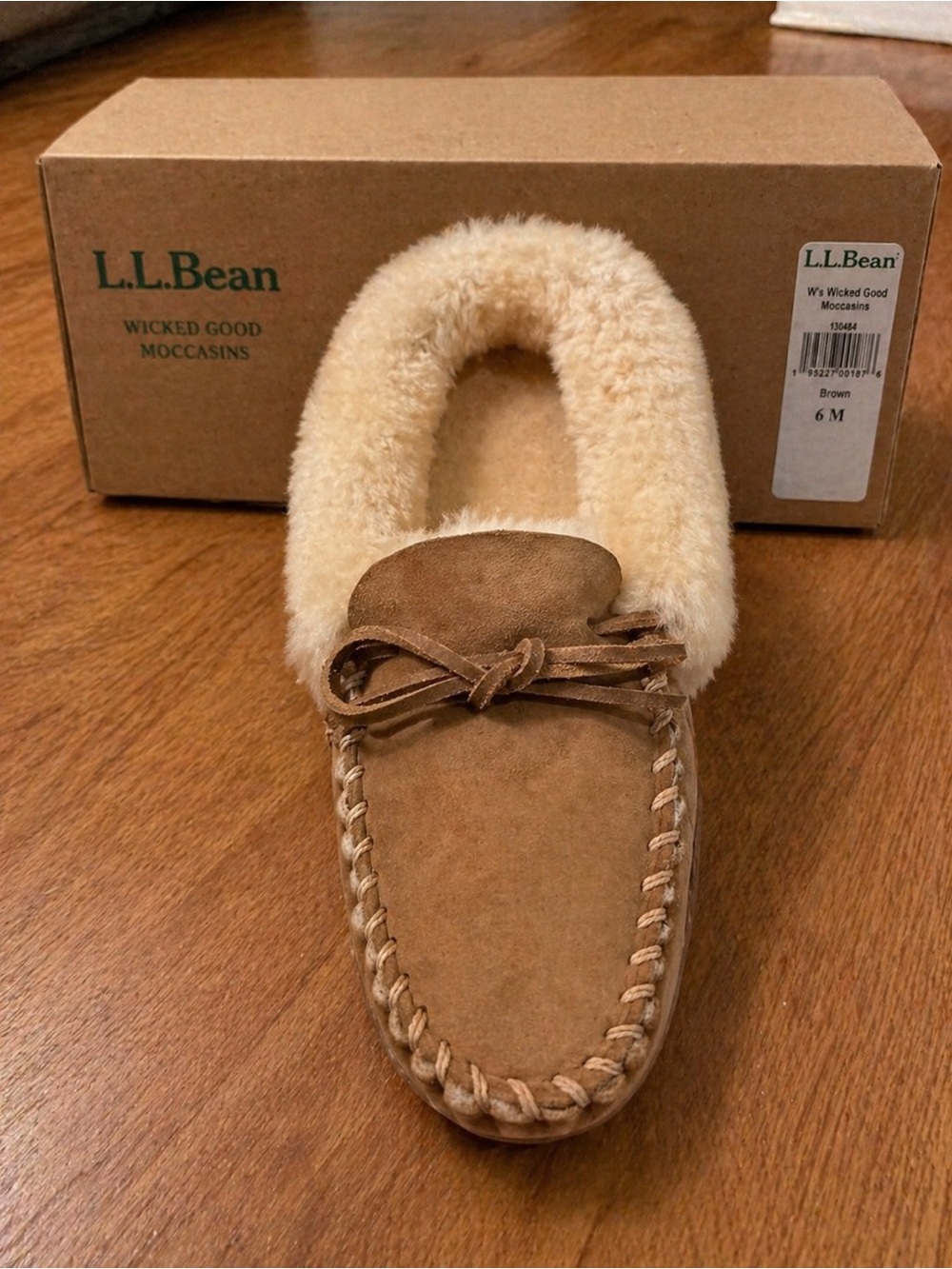 L.L. Bean Tan Suede Moccasin Slippers with Cream Shearling